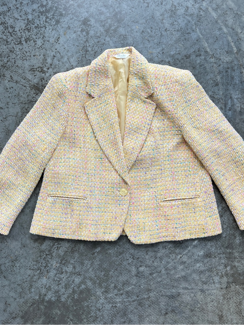 Vintage Bleyle Petites Pastel Tweed Blazer Lurex Metallic Plaid Jacket Size 16P